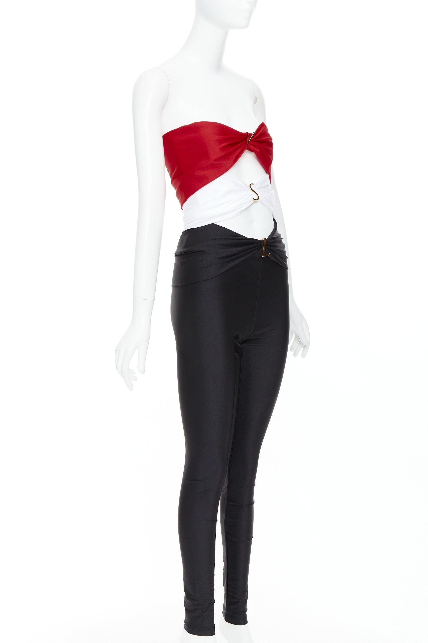 Noir Saint Laurent 2022 Runway cutout bandeau rouge noir logo YSL catsuit Sz.2 S en vente