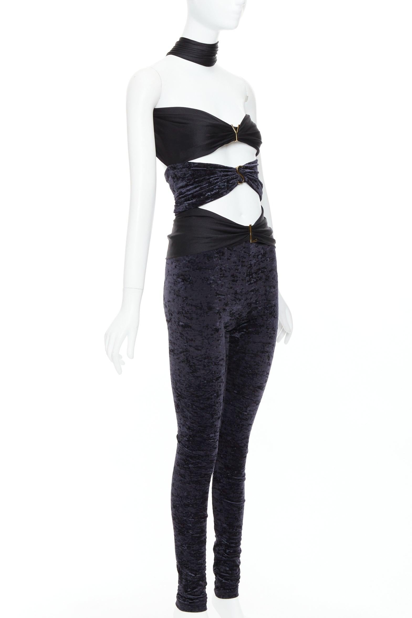 Black SAINT LAURENT 2022 Runway Cutout Velvet black YSL logo catsuit Sz.2 S