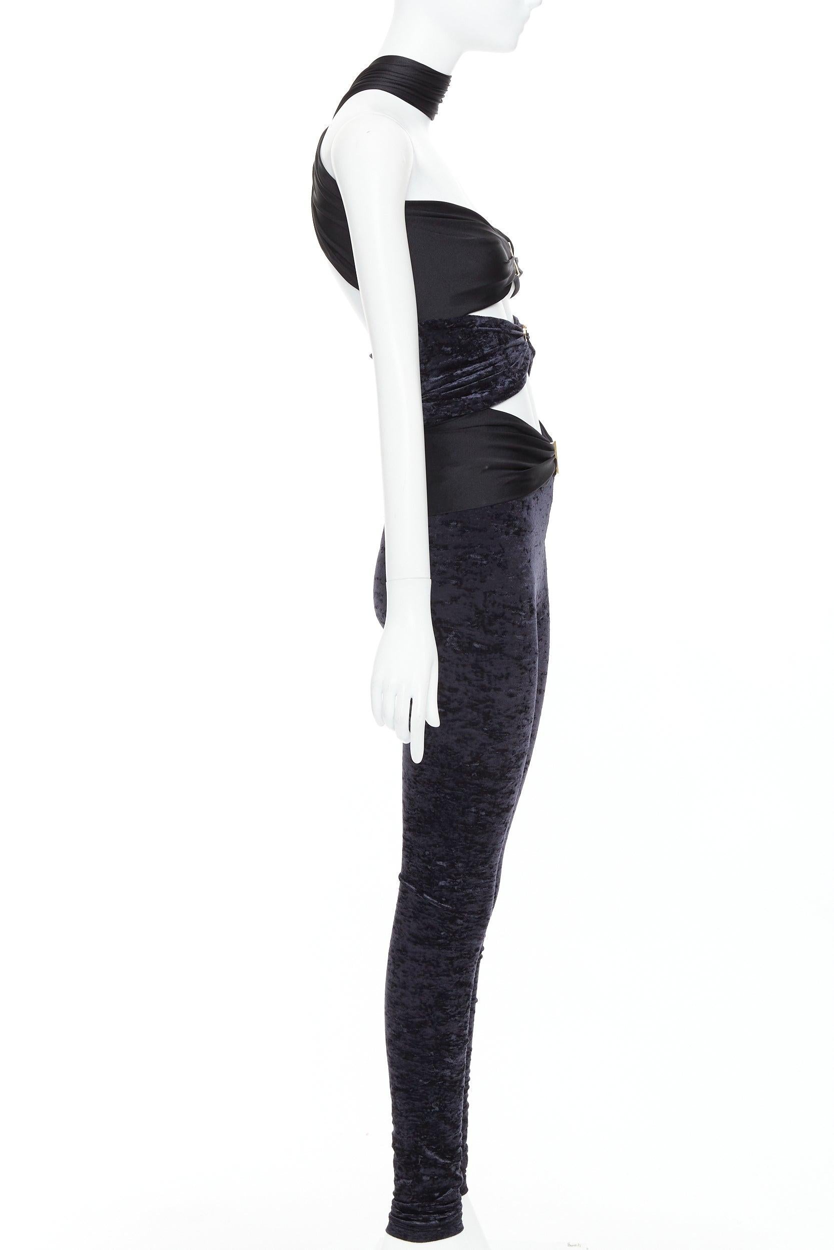 Women's SAINT LAURENT 2022 Runway Cutout Velvet black YSL logo catsuit Sz.2 S