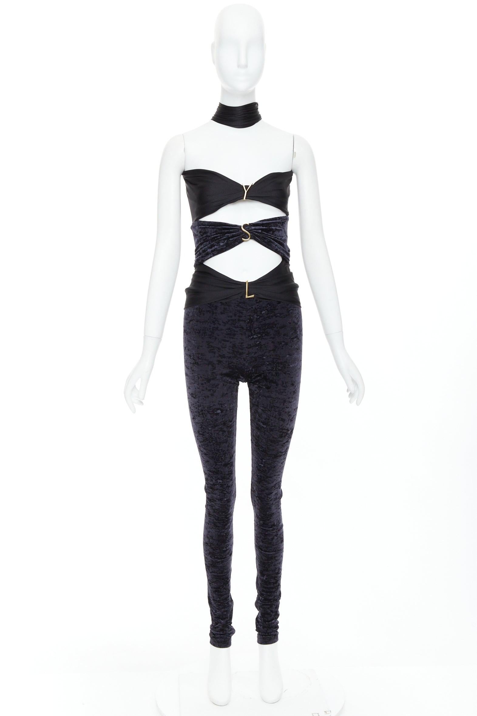 SAINT LAURENT 2022 Runway Cutout Velvet black YSL logo catsuit Sz.2 S 5