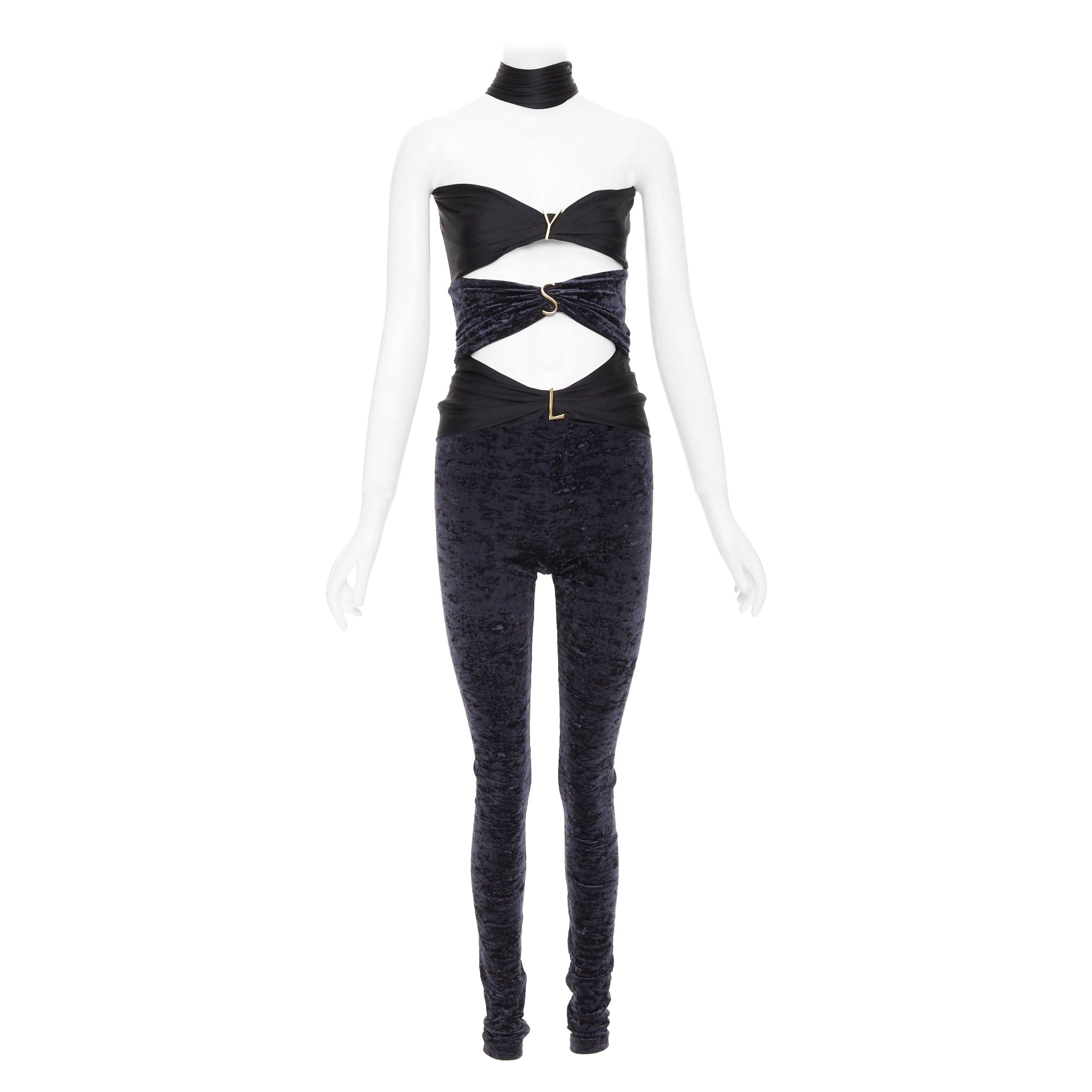 SAINT LAURENT 2022 Runway Cutout Velvet black YSL logo catsuit Sz.2 S
