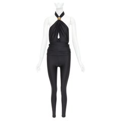 SAINT LAURENT 2022 Runway gold metal brooch halter cutout jumpsuit Sz. 1 XS