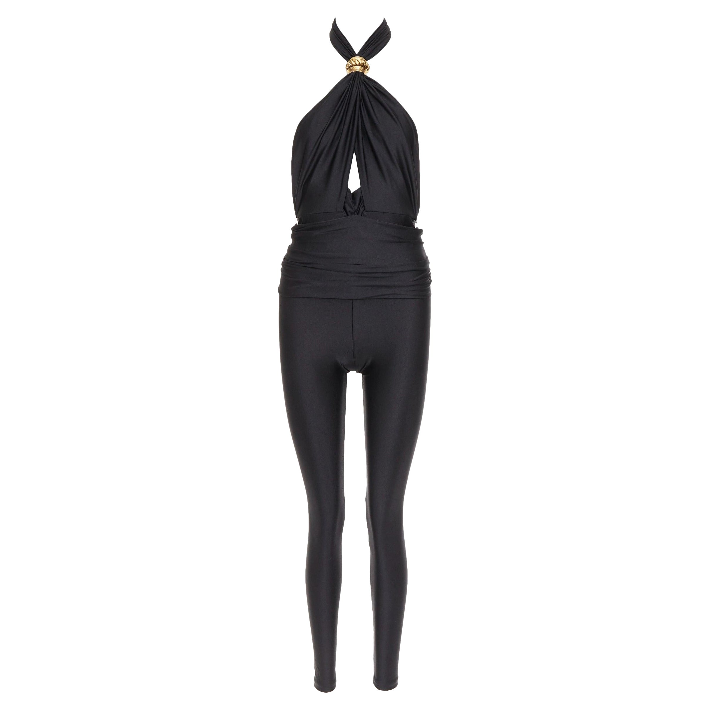 SAINT LAURENT 2022 Runway gold metal brooch halter cutout jumpsuit Sz. 1 XS