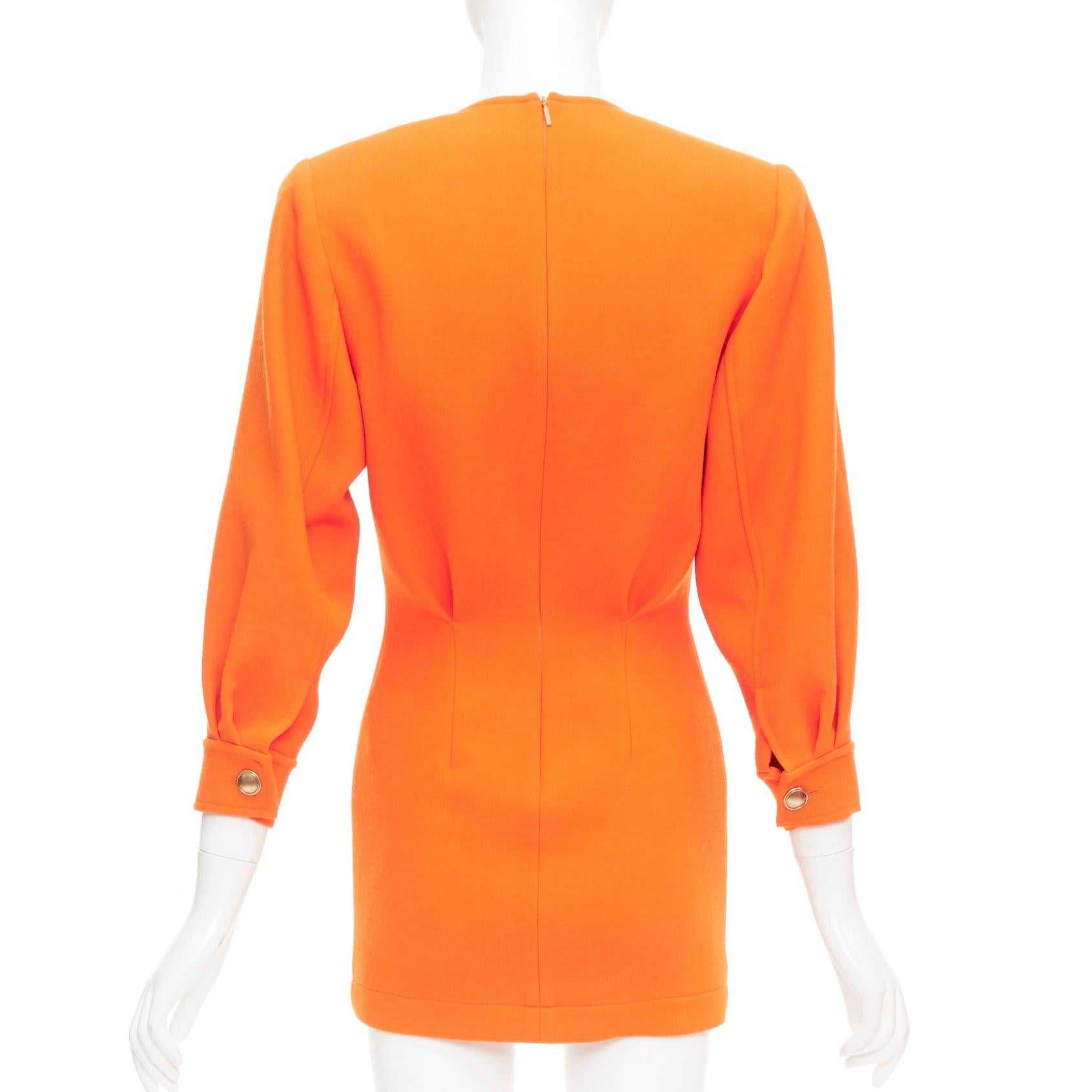 SAINT LAURENT 2022 Runway orange wool grain de poudre power shoulder mini dress For Sale 1