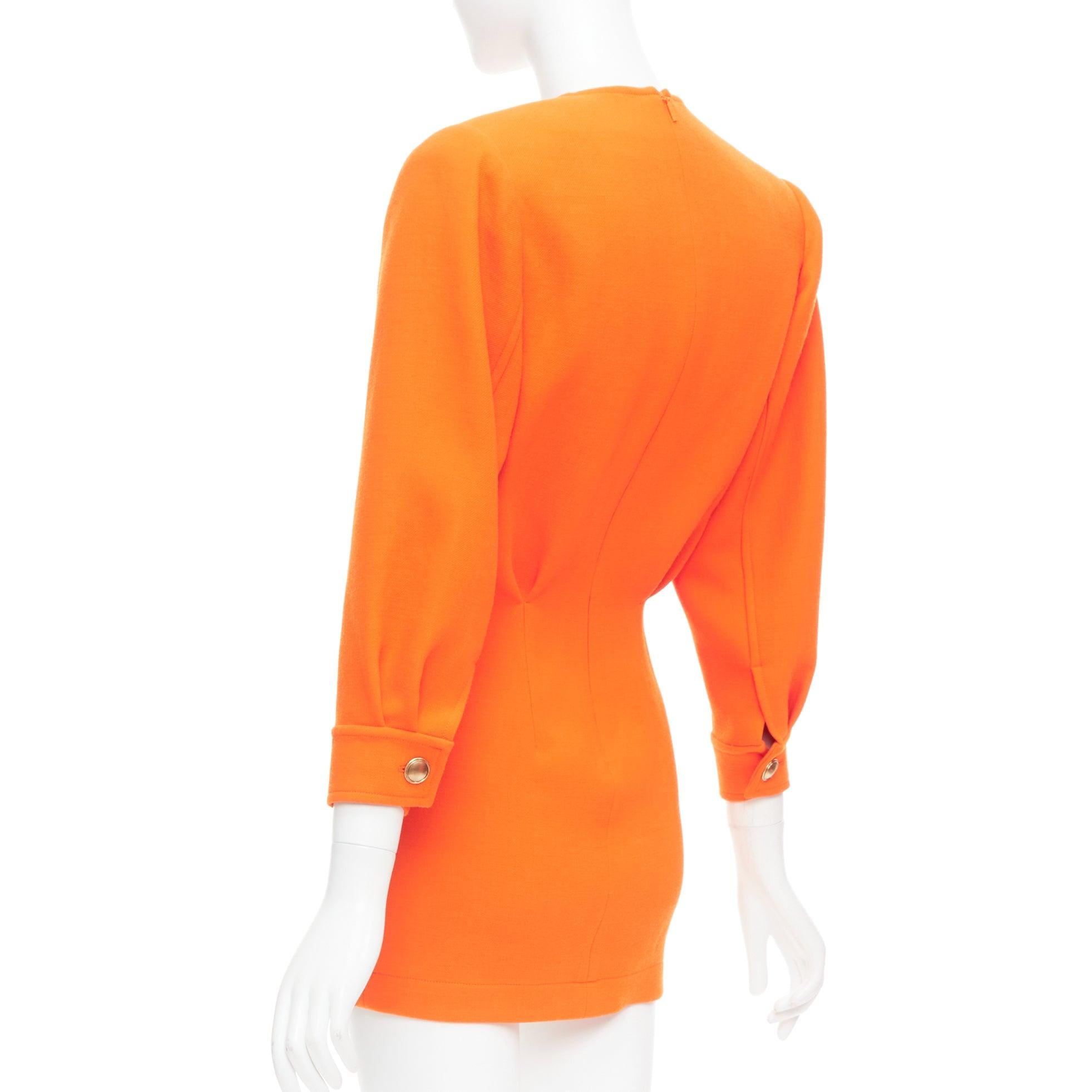 SAINT LAURENT 2022 Runway orange wool grain de poudre power shoulder mini dress For Sale 2