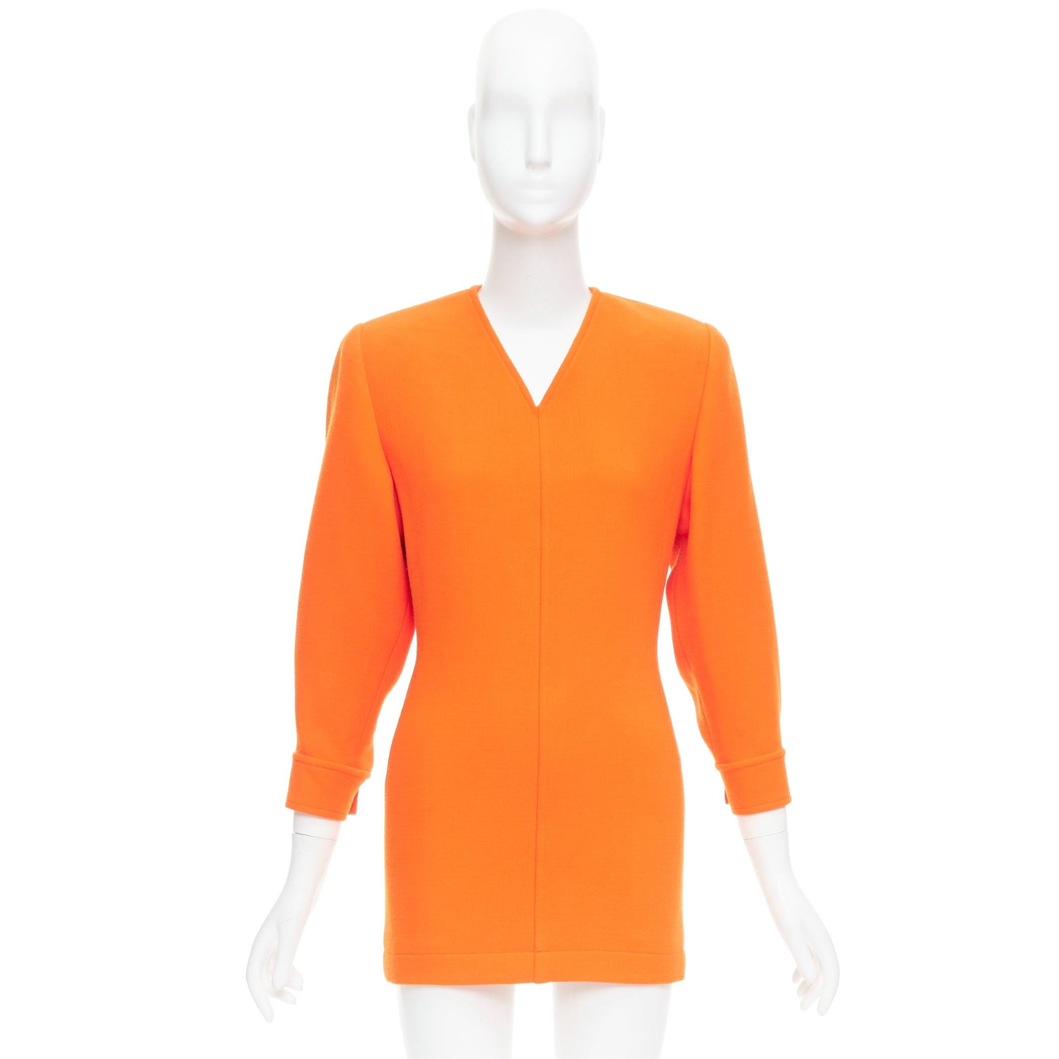 SAINT LAURENT 2022 Runway orange wool grain de poudre power shoulder mini dress For Sale 5