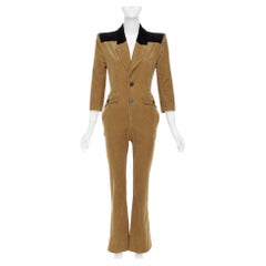 SAINT LAURENT 2022 Runway peak lapel brown cotton corduroy black jumpsuit FR34