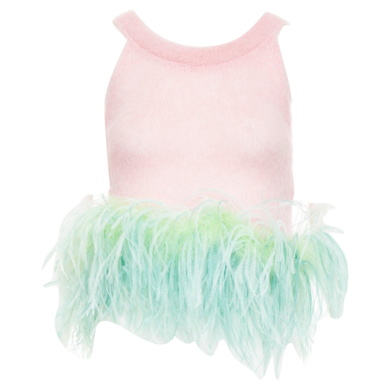 SAINT LAURENT 2022 Runway pink mohair wool green feather hem crop sweater M