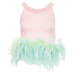 SAINT LAURENT 2022 Runway pink mohair wool green feather hem crop sweater M