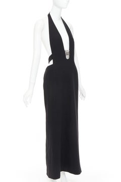 SAINT LAURENT 2022 Runway plunge neck crystal brooch low back wool dress FR40 L