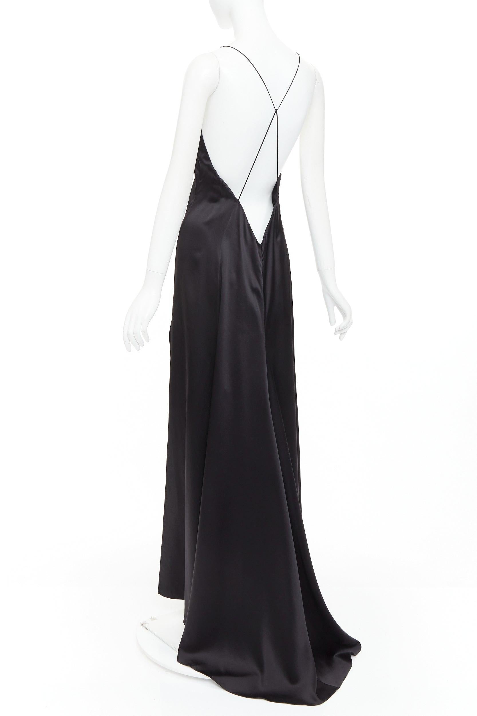 Noir SAINT LAURENT 2022 Runway plunge neck dipped back high slit slip gown FR38 M en vente