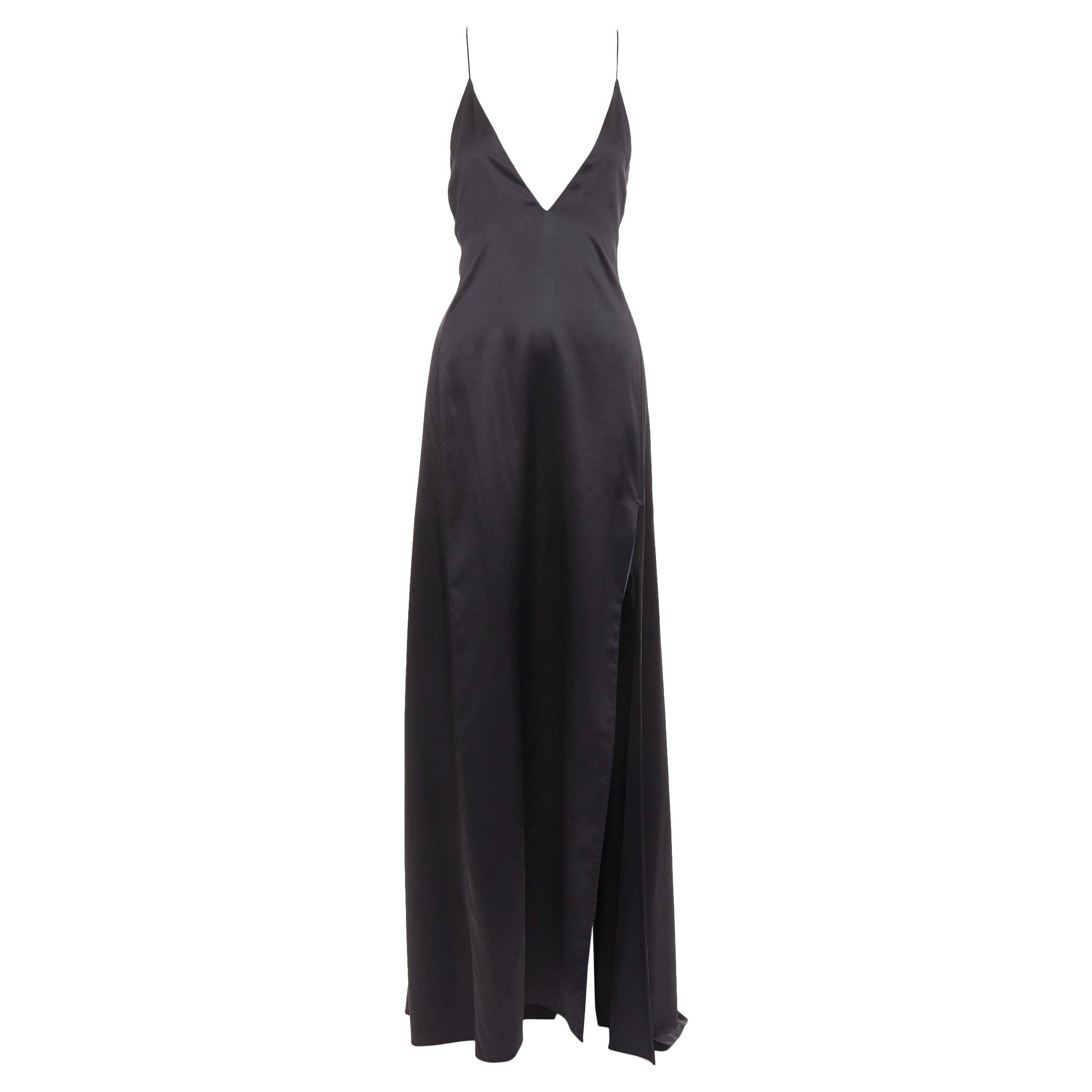 SAINT LAURENT 2022 Runway plunge neck dipped back high slit slip gown FR38 M