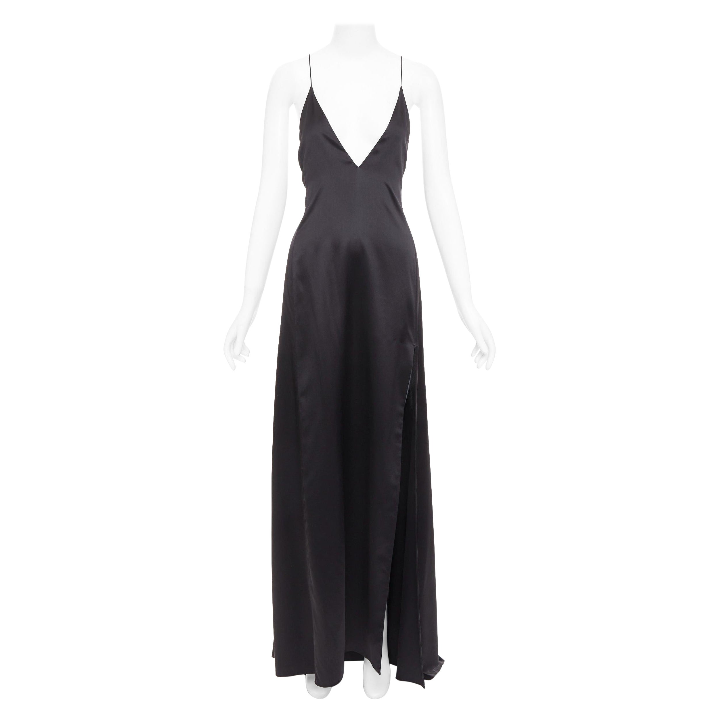 SAINT LAURENT 2022 Runway plunge neck dipped back high slit slip gown FR40 M