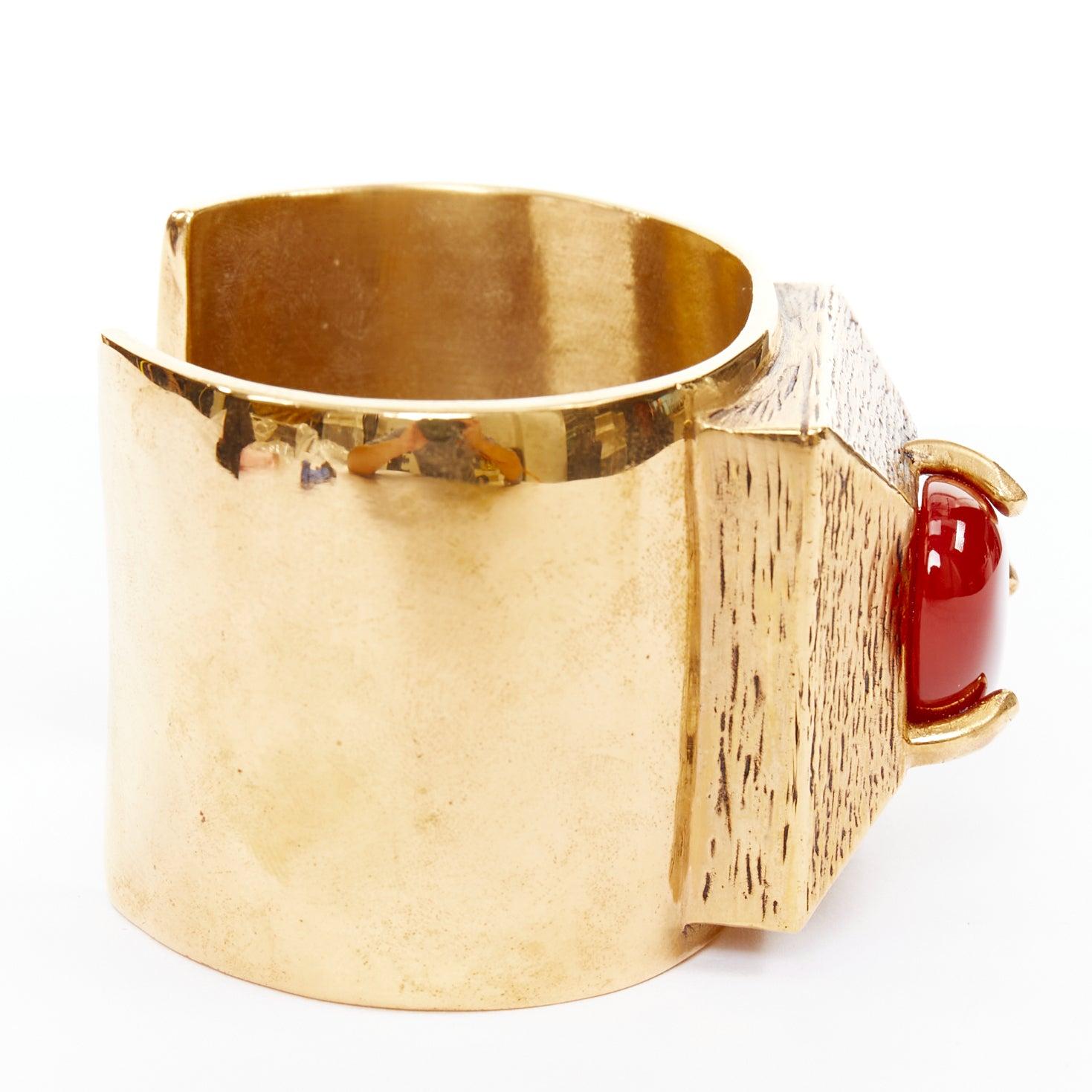 Donna SAINT LAURENT 2022 Runway S Rouge Dore Carnelian Stone gold brass cuff bracelet in vendita