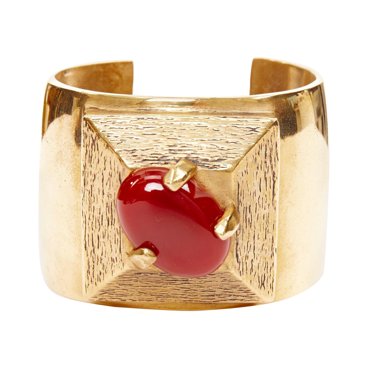 SAINT LAURENT 2022 Runway S Rouge Dore Carnelian Stone gold brass cuff bracelet in vendita