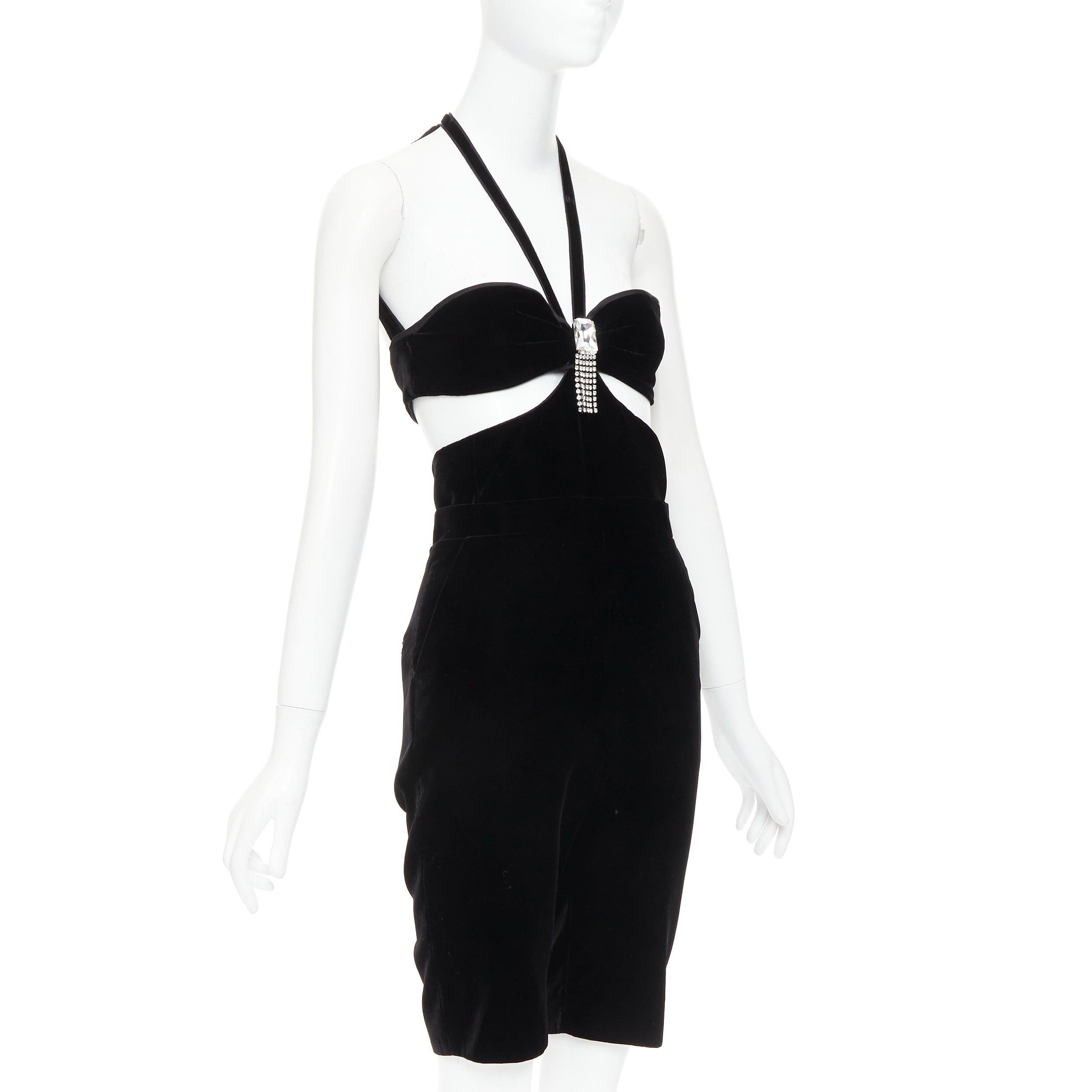 Noir Saint Laurent 2022 Runway velours cristal broche découpe grenouillère playsuit FR36 S en vente