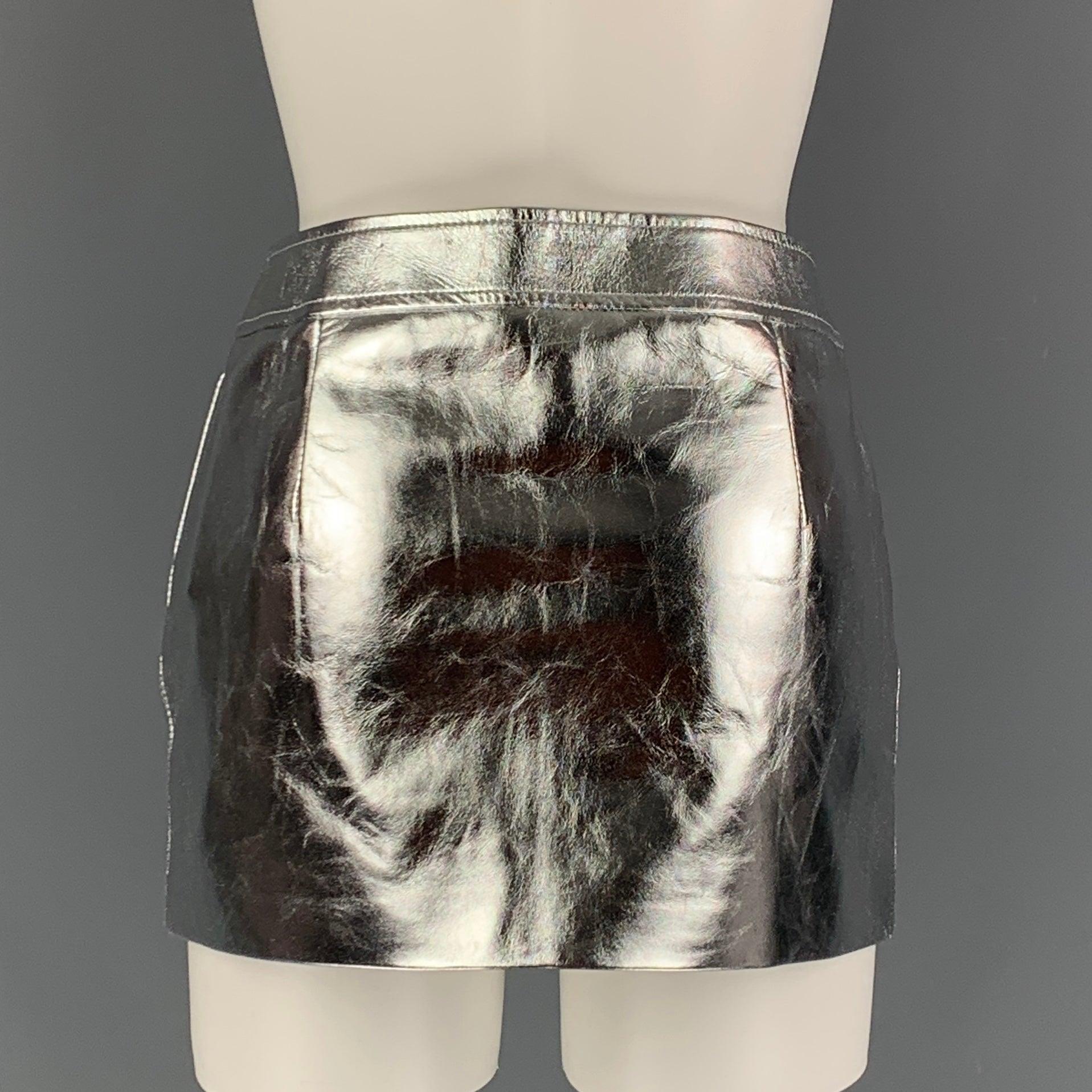 Black SAINT LAURENT 2022 Size 4 Silver Leather High Waist Mini Skirt For Sale