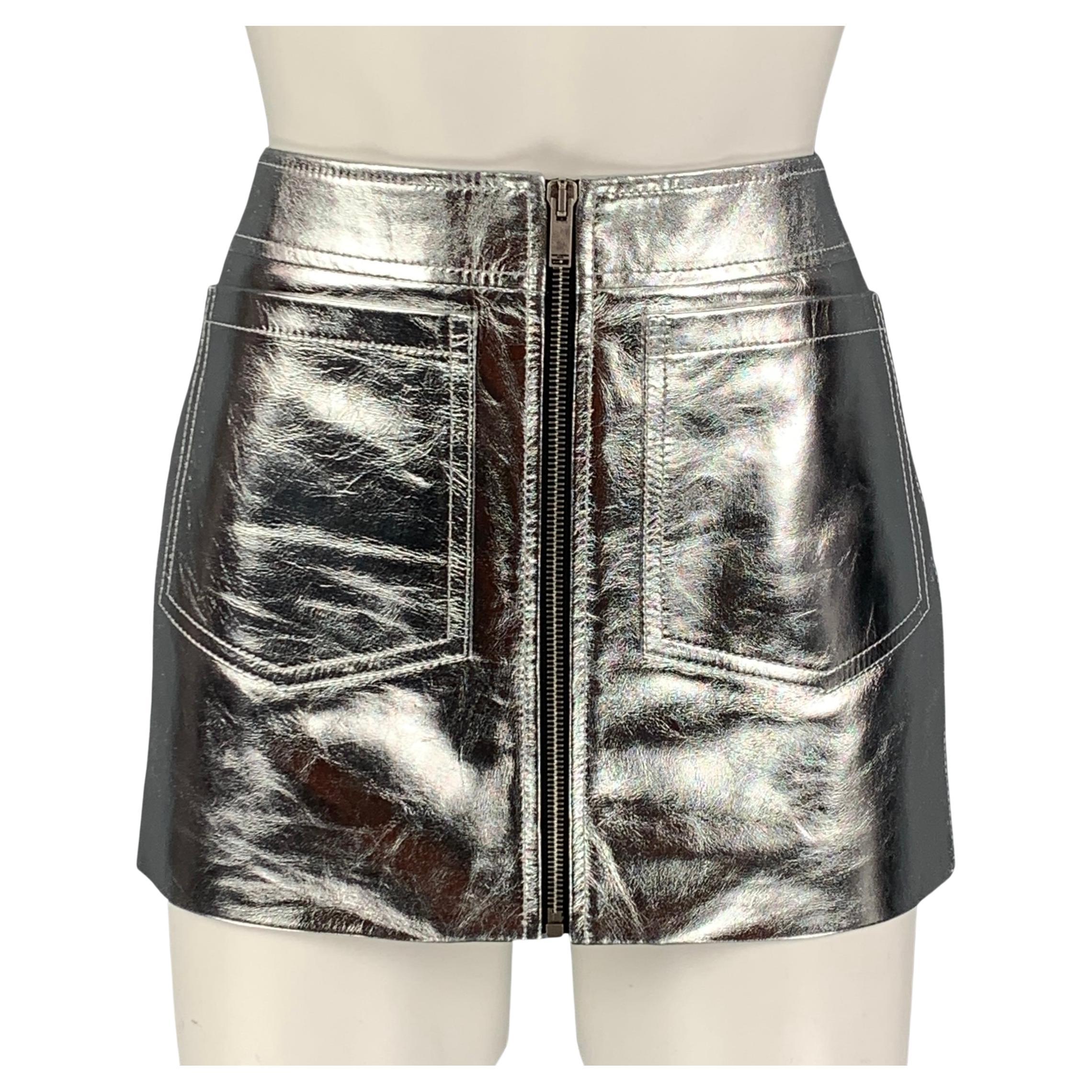 SAINT LAURENT 2022 Size 4 Silver Leather High Waist Mini Skirt