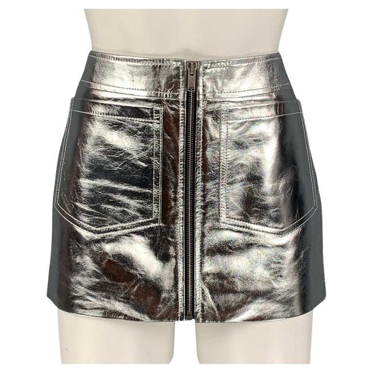 SAINT LAURENT 2022 Size 4 Silver Leather High Waist Mini Skirt For Sale at  1stDibs