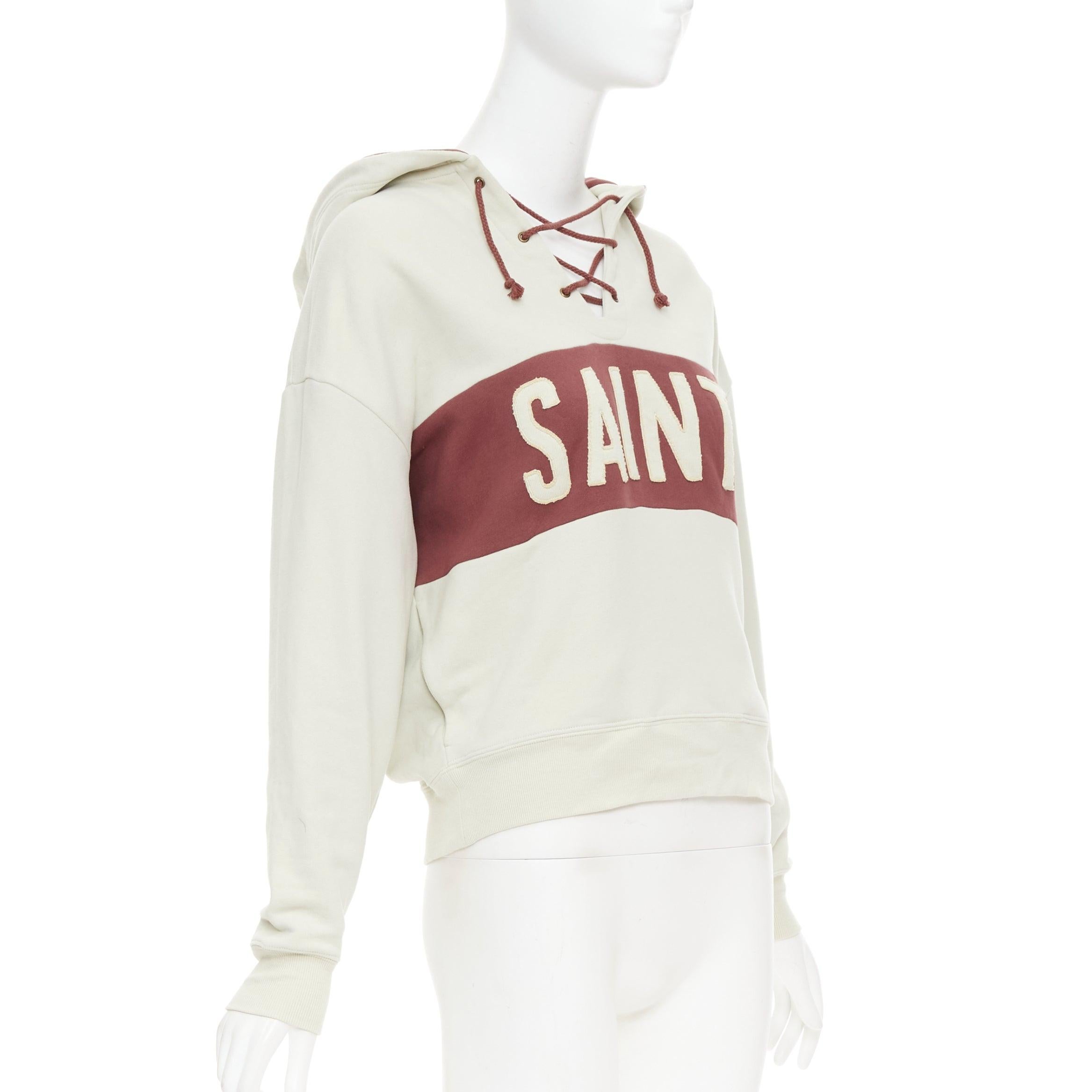 Beige SAINT LAURENT 2022 taupe red logo applique drawstring crop hoodie XS For Sale