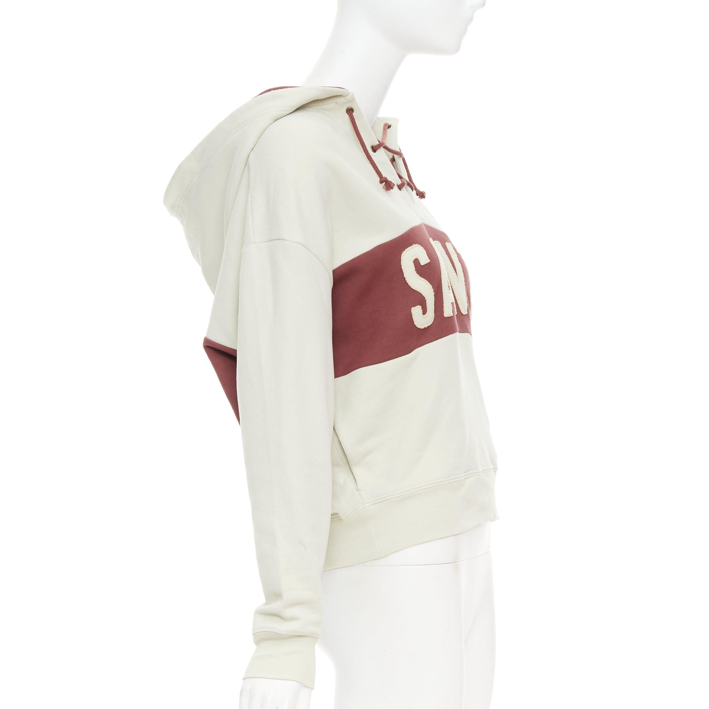 Women's SAINT LAURENT 2022 taupe red logo applique drawstring crop hoodie XS For Sale