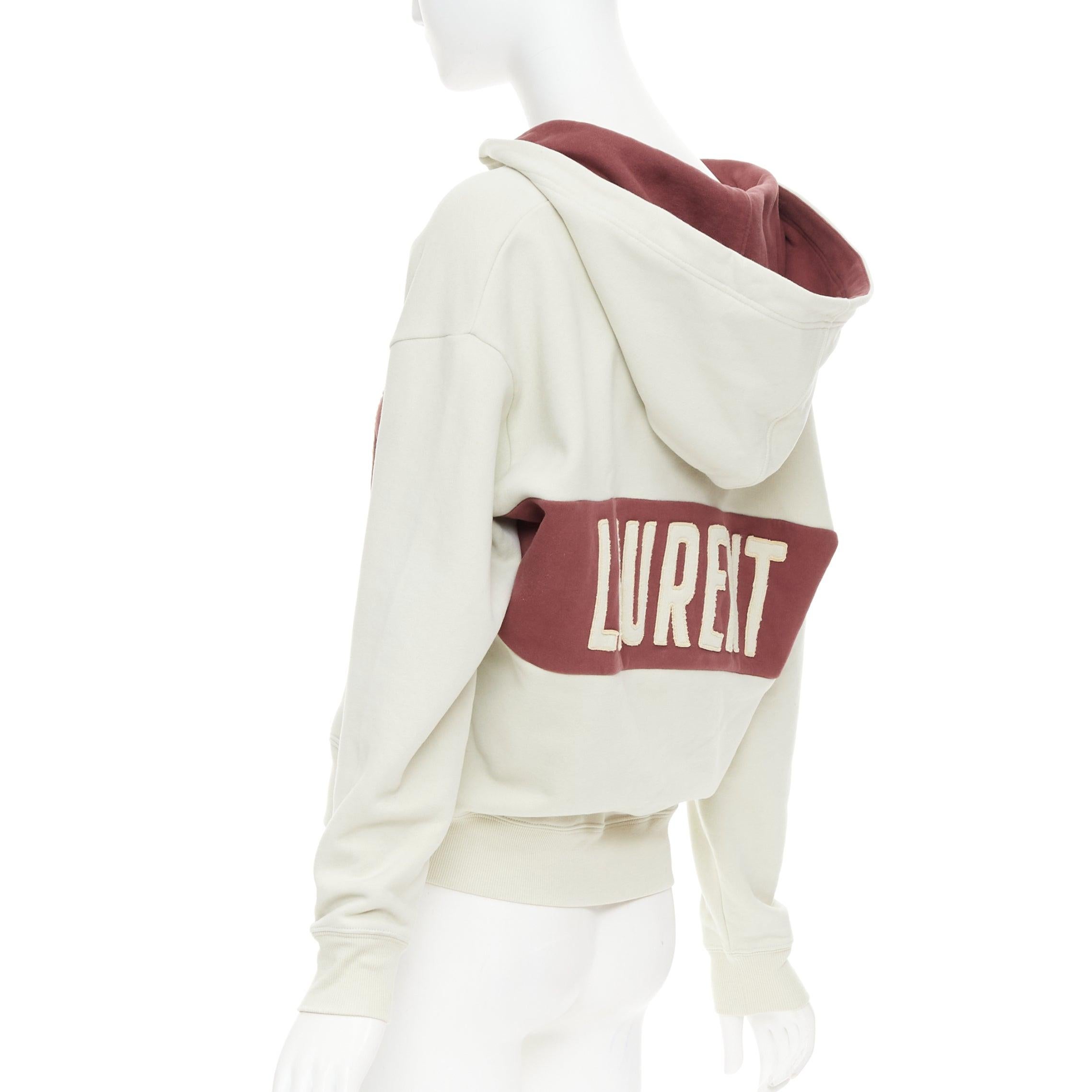 SAINT LAURENT 2022 taupe red logo applique drawstring crop hoodie XS For Sale 1