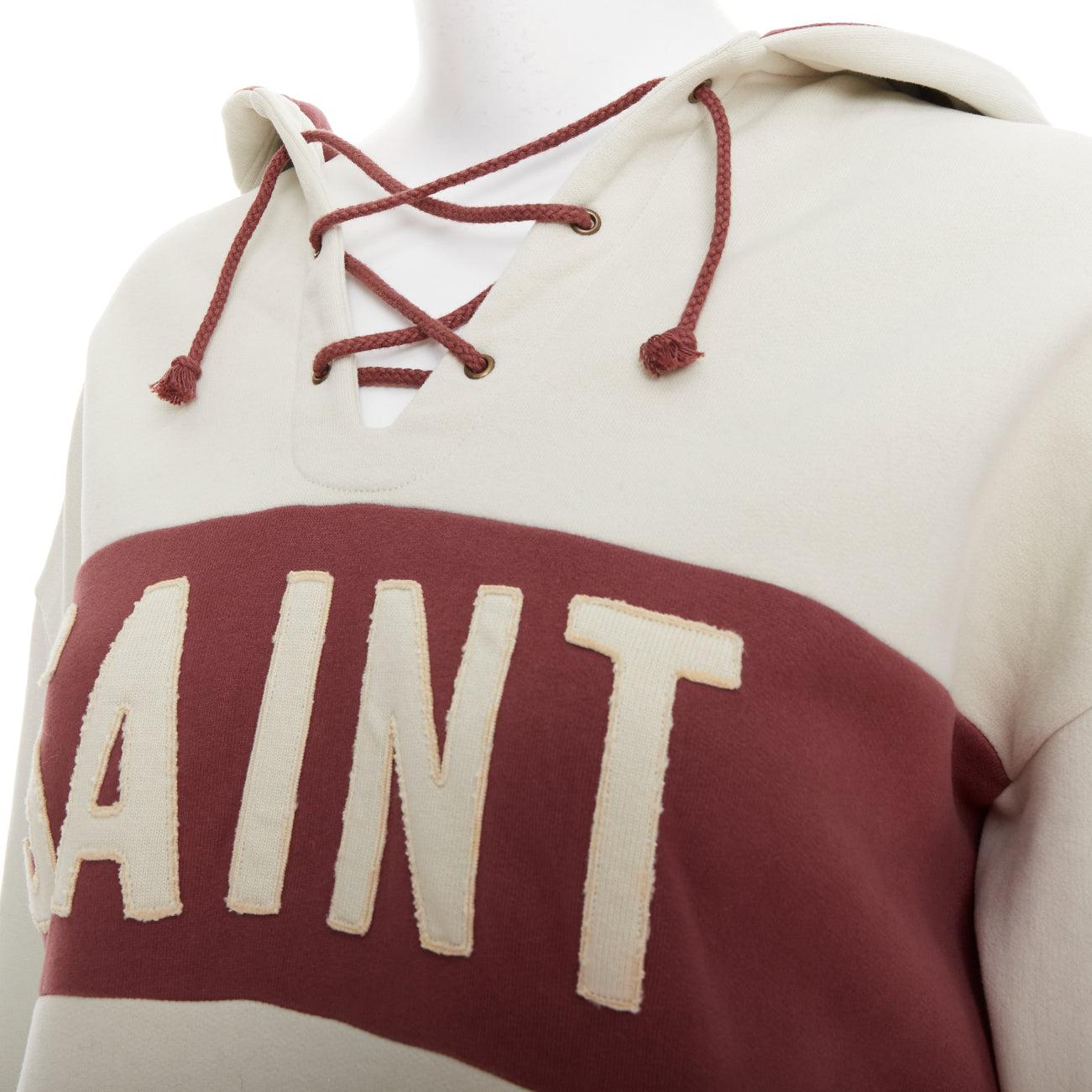 SAINT LAURENT 2022 taupe red logo applique drawstring crop hoodie XS For Sale 2