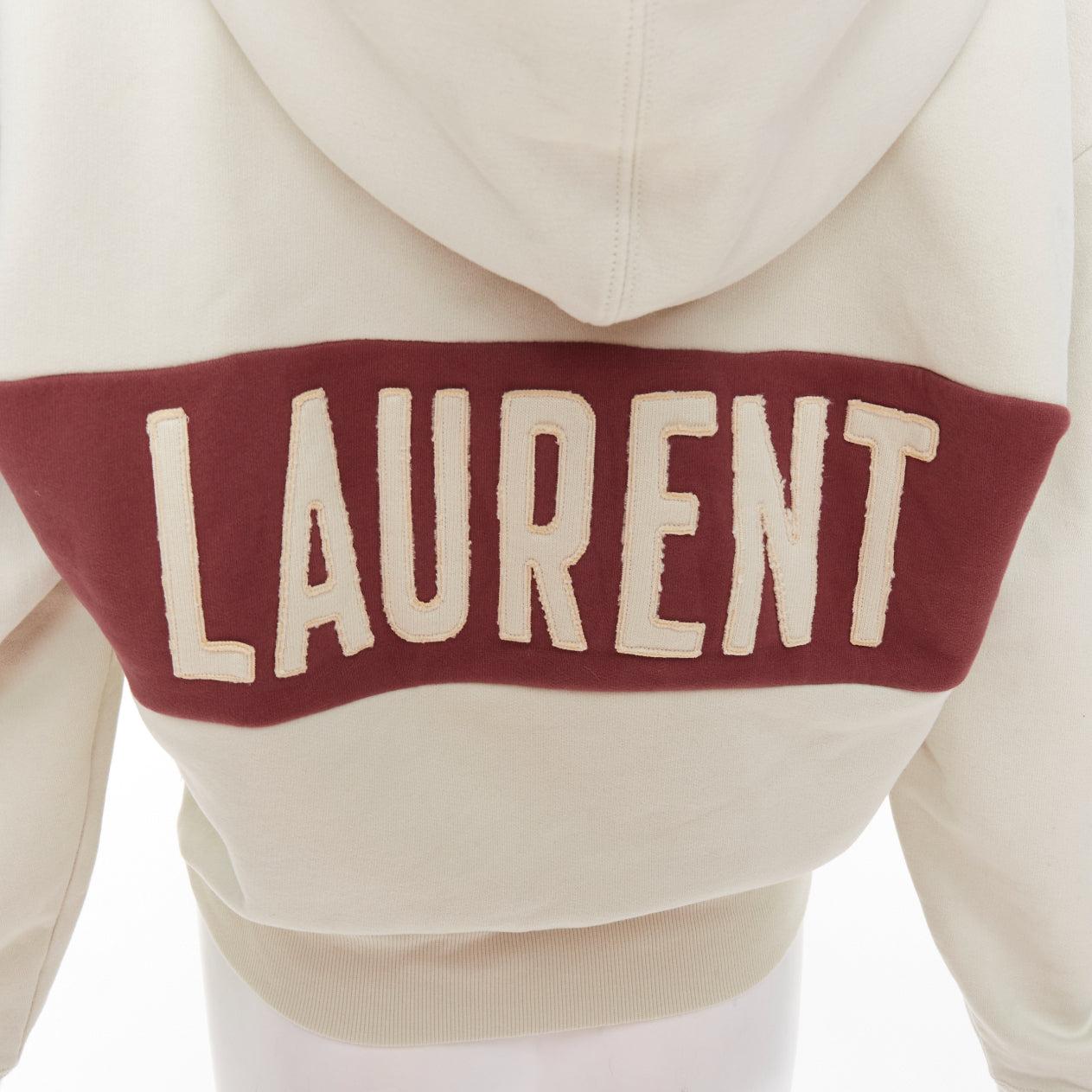 SAINT LAURENT 2022 taupe red logo applique drawstring crop hoodie XS For Sale 3
