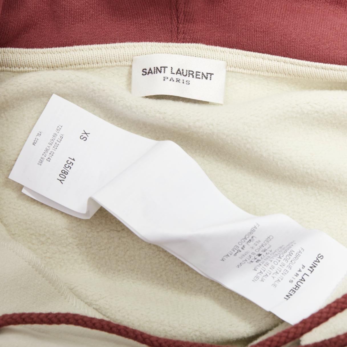 SAINT LAURENT 2022 taupe red logo applique drawstring crop hoodie XS For Sale 4
