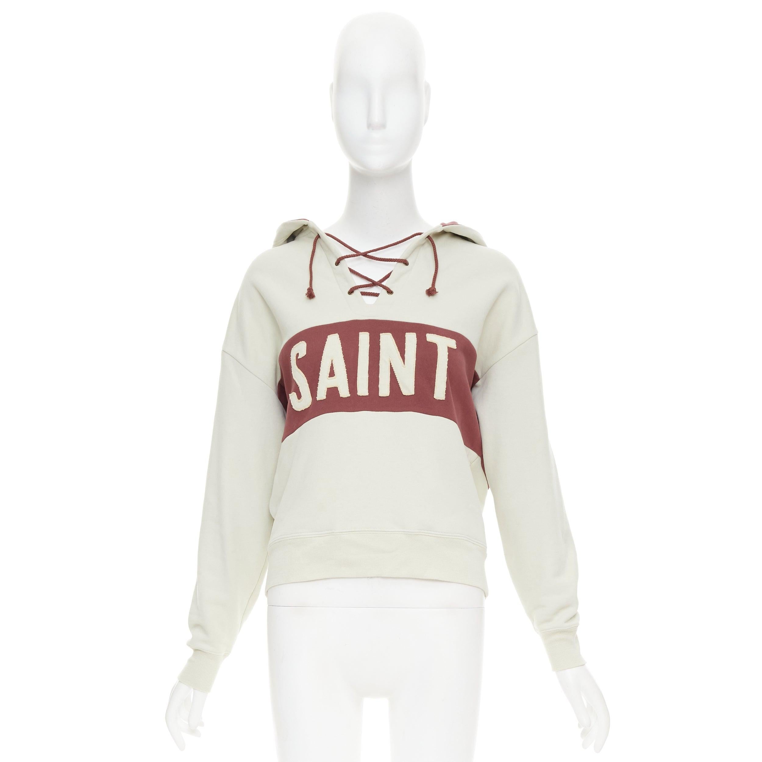 SAINT LAURENT 2022 taupe red logo applique drawstring crop hoodie XS For Sale 5