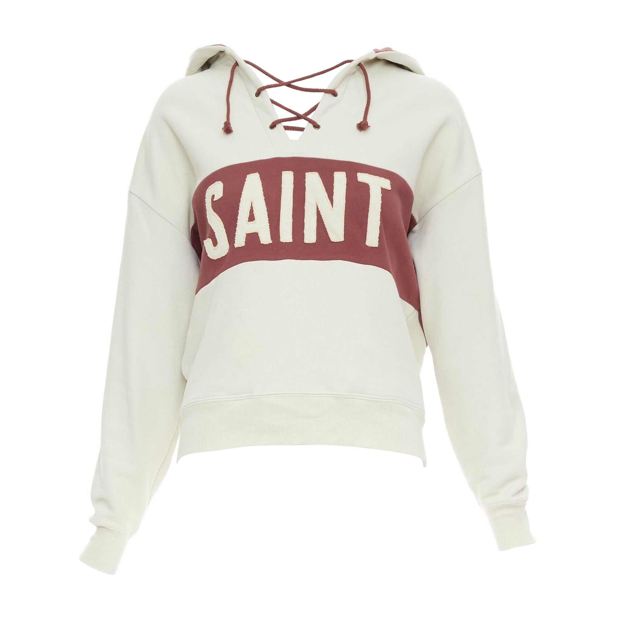 SAINT LAURENT 2022 taupe red logo applique drawstring crop hoodie XS