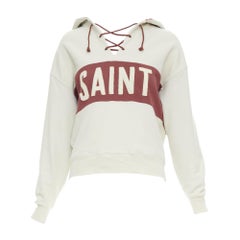 SAINT LAURENT 2022 taupe red logo applique drawstring crop hoodie XS