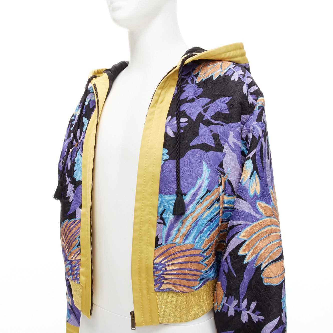 Gray SAINT LAURENT 2022 Teddy purple floral jacquard kimono hooded jacket FR44 XS For Sale