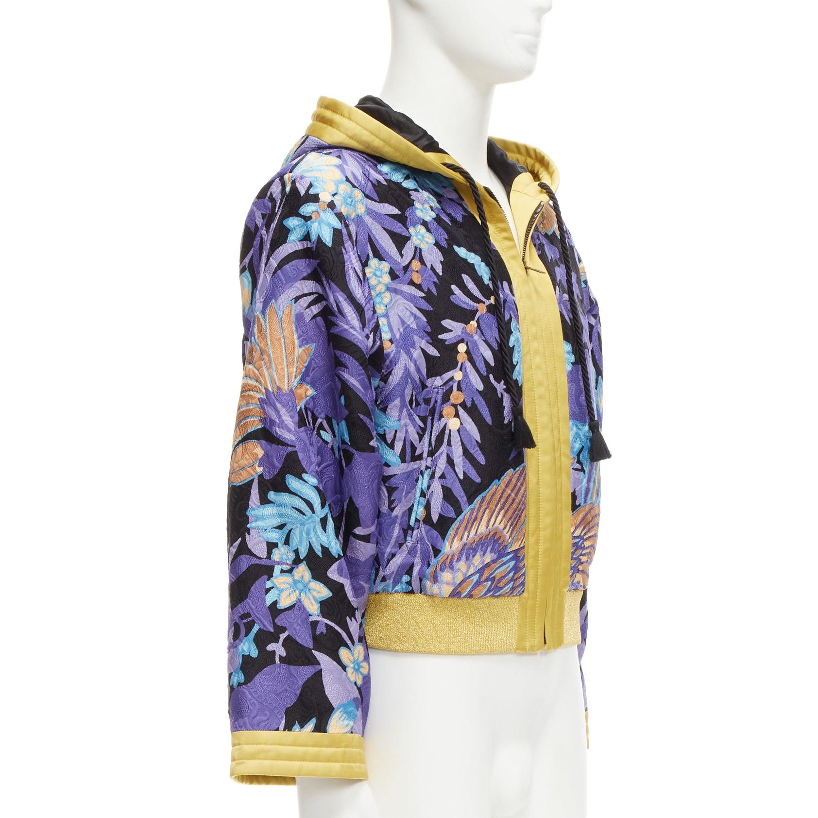 SAINT LAURENT 2022 Teddy purple floral jacquard kimono hooded jacket FR44 XS For Sale 1