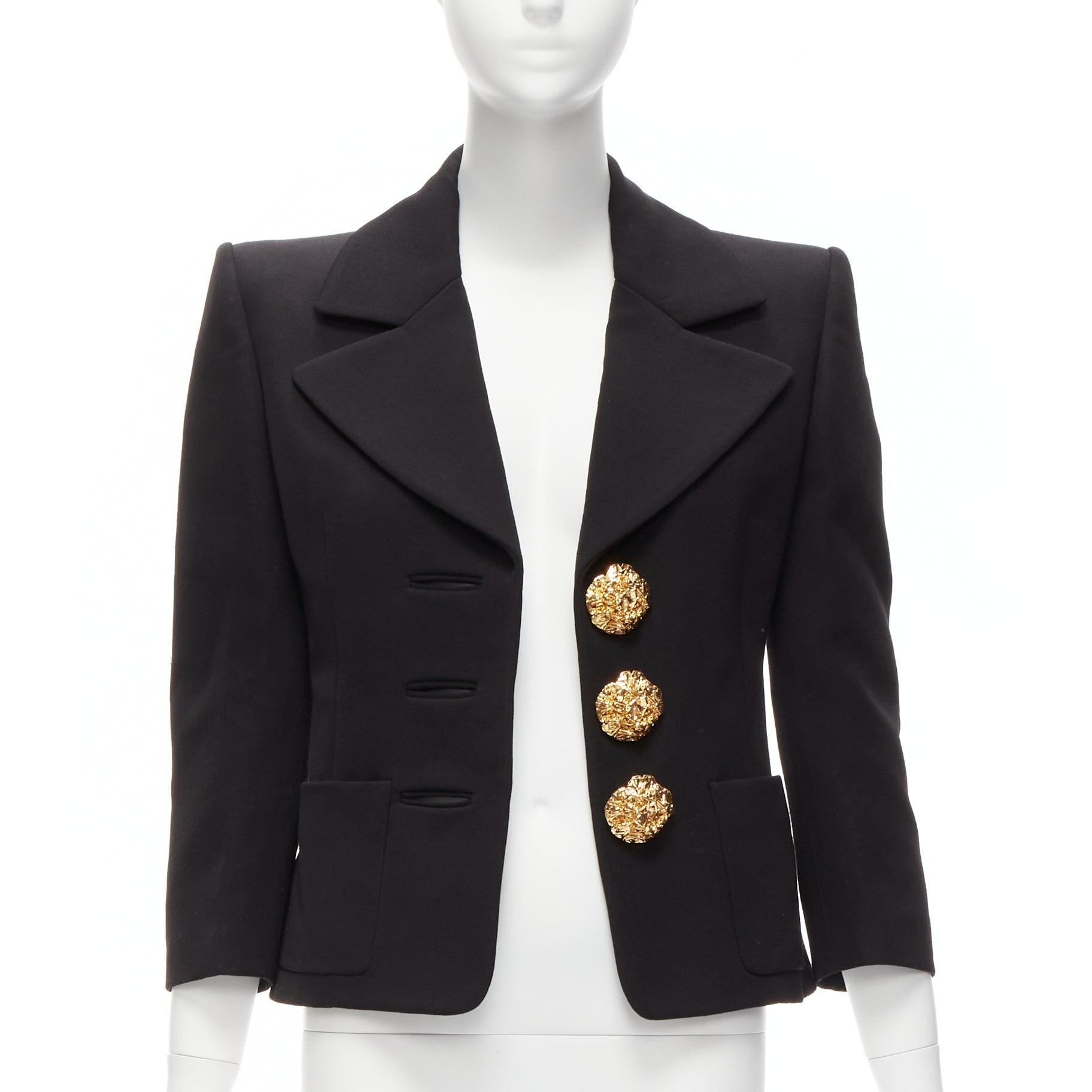 Black SAINT LAURENT 2022 wool gold big floral buttons 80s power shoulder blazer FR34 For Sale