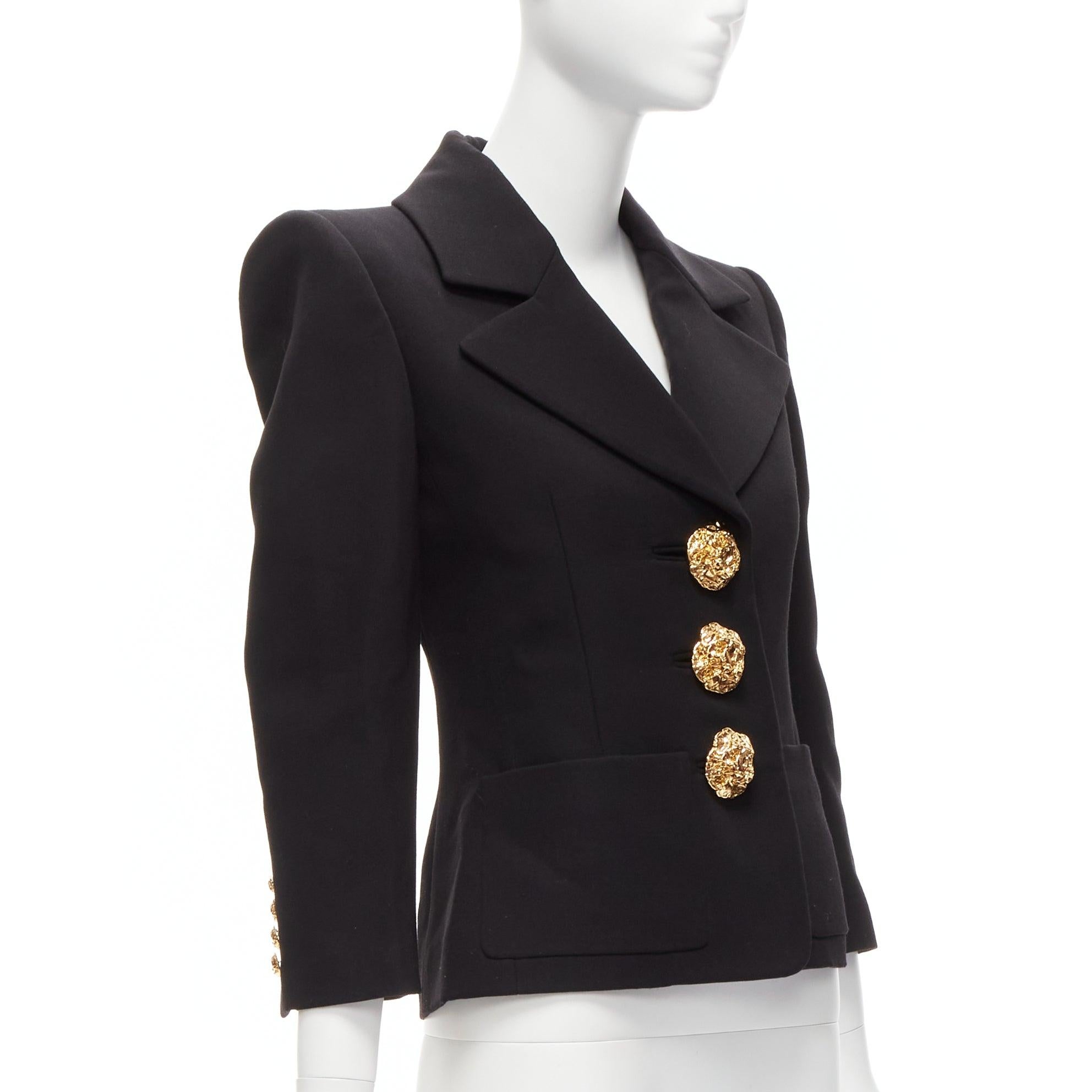 Women's SAINT LAURENT 2022 wool gold big floral buttons 80s power shoulder blazer FR34 For Sale