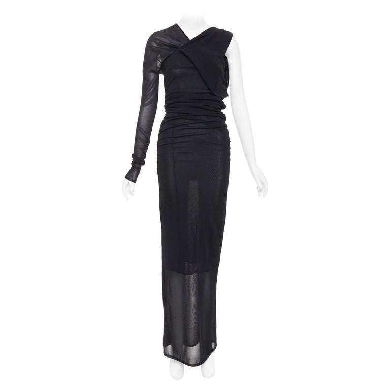 SAINT LAURENT 2023 black viscose ruched one shoulder semi sheer dress XS  For Sale at 1stDibs