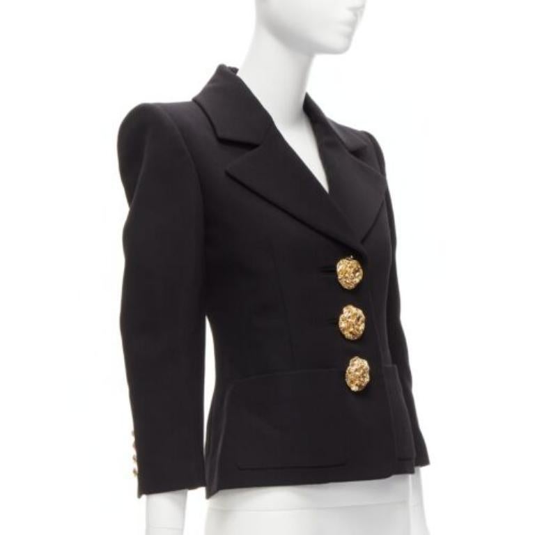 Women's SAINT LAURENT 2023 black wool gold floral buttons 80s power blazer FR34 XS For Sale