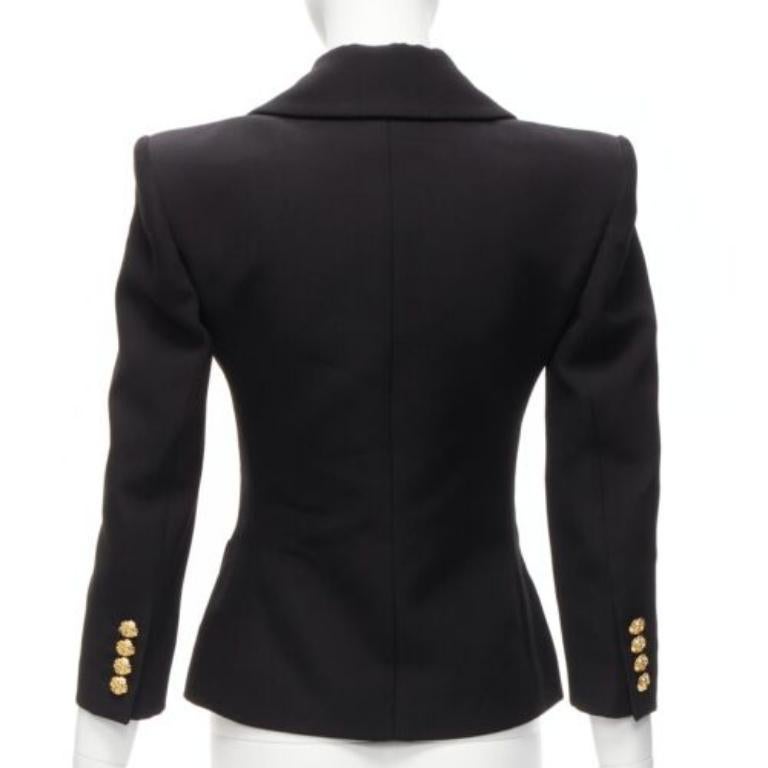 SAINT LAURENT 2023 black wool gold floral buttons 80s power blazer FR34 XS For Sale 2