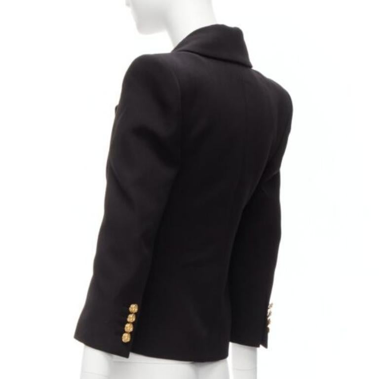 SAINT LAURENT 2023 black wool gold floral buttons 80s power blazer FR34 XS For Sale 3