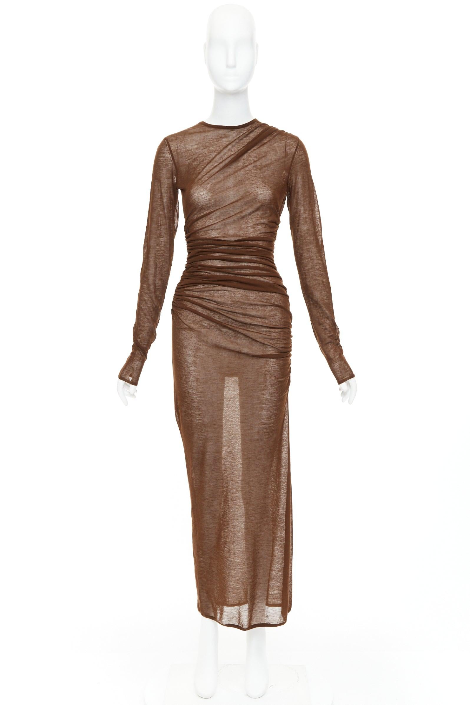 Saint Laurent 2023 marron marron robe midi en maille de laine mélangée transparente froncée sur les côtés S en vente 5