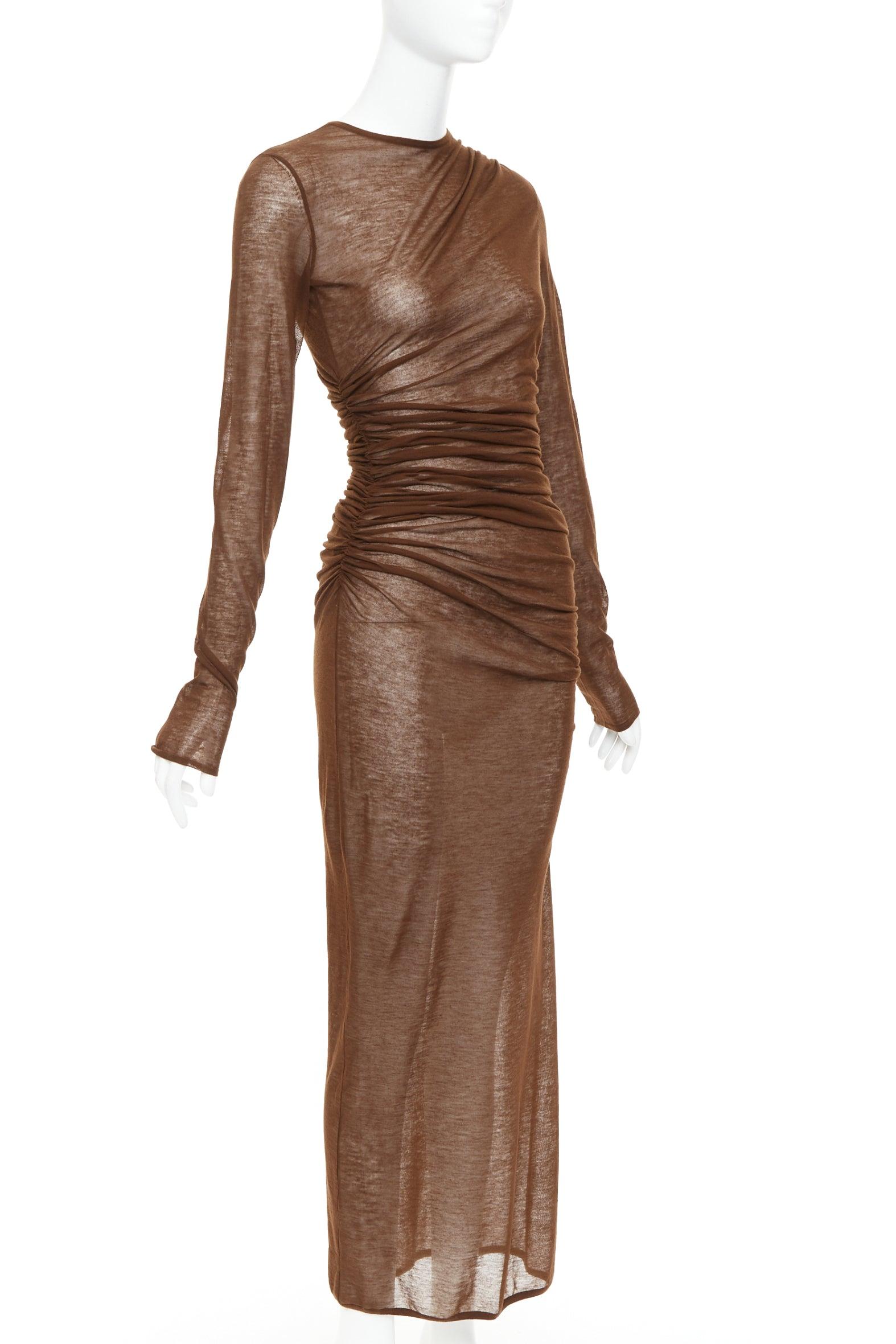 Marron Saint Laurent 2023 marron marron robe midi en maille de laine mélangée transparente froncée sur les côtés S en vente