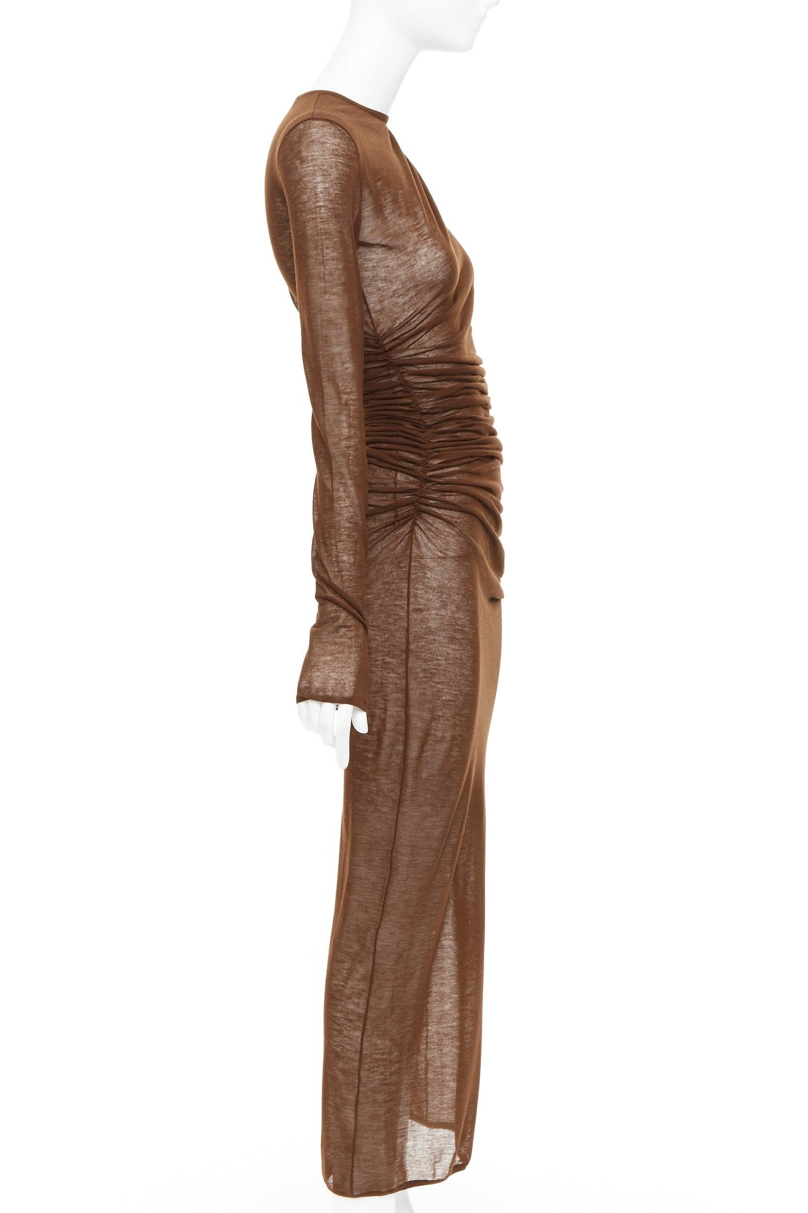 Saint Laurent 2023 marron marron robe midi en maille de laine mélangée transparente froncée sur les côtés S Pour femmes en vente