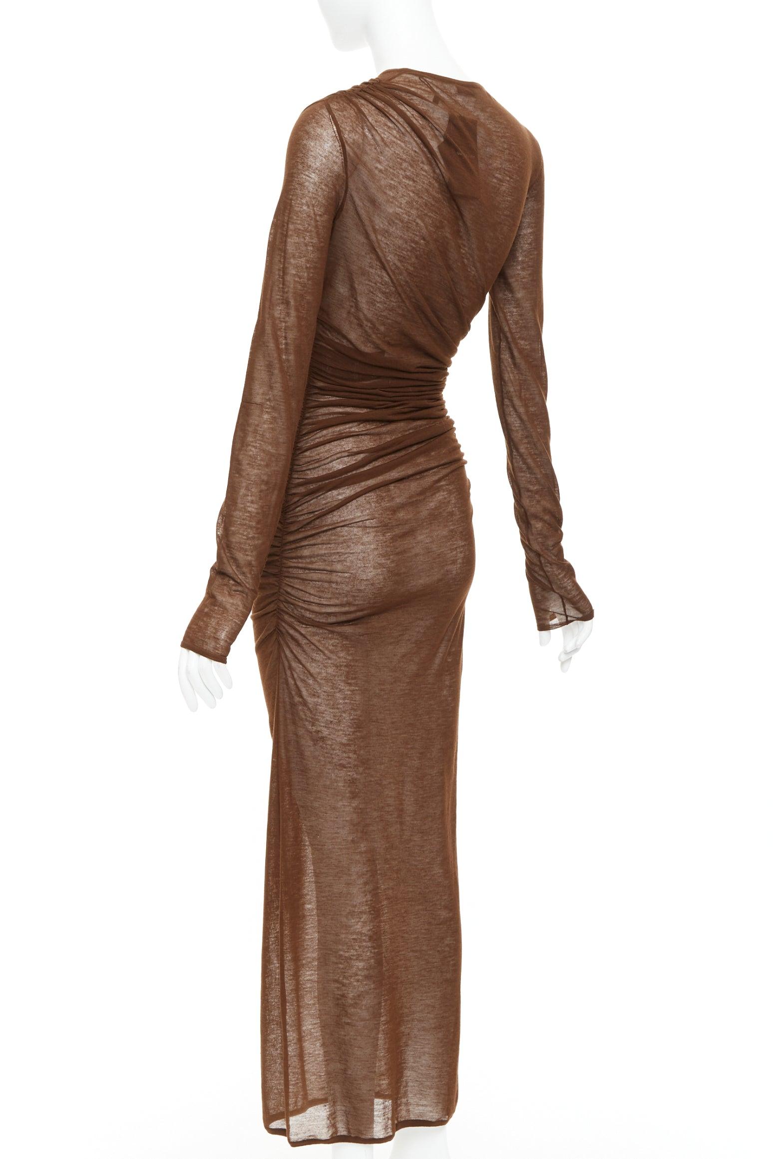 Saint Laurent 2023 marron marron robe midi en maille de laine mélangée transparente froncée sur les côtés S en vente 1