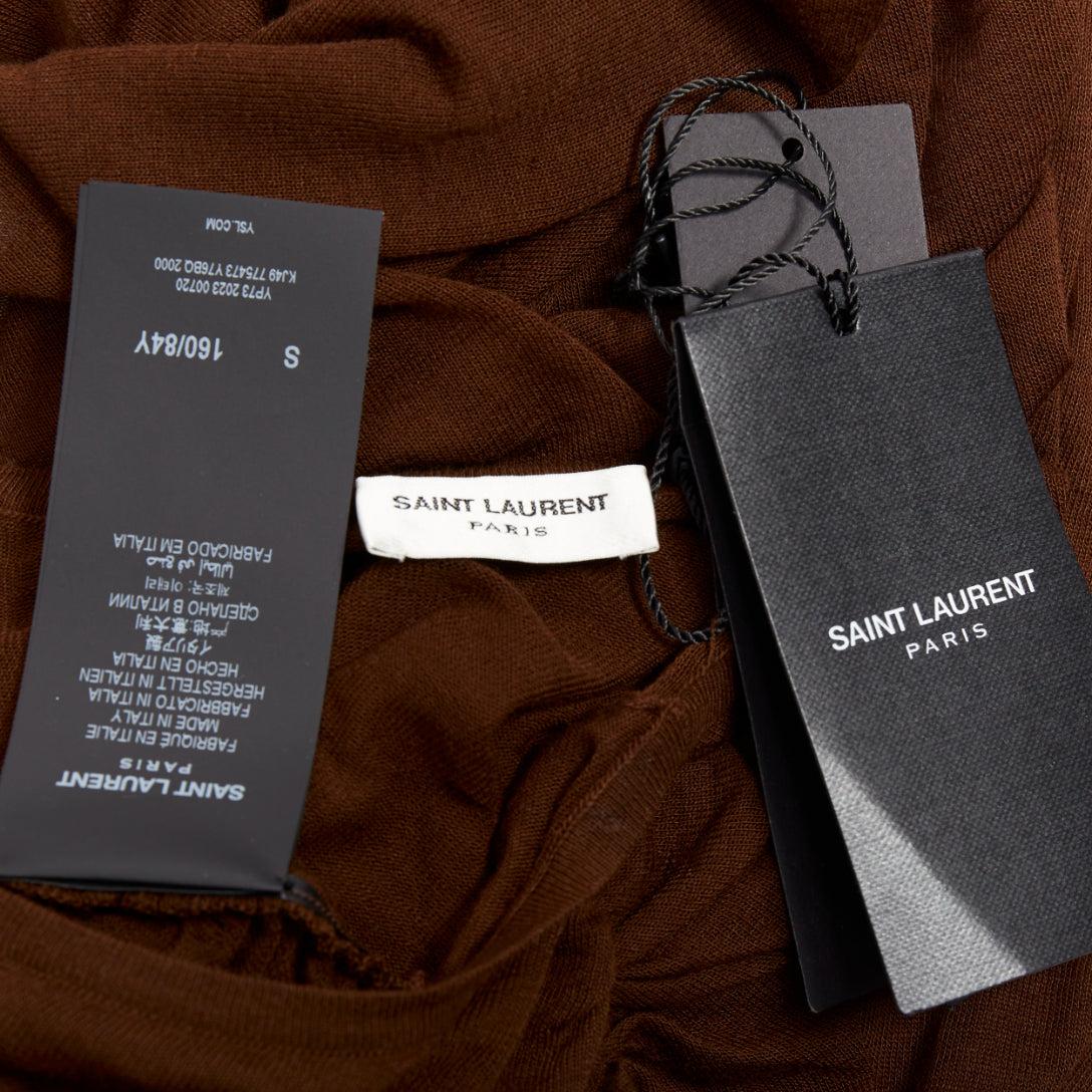 Saint Laurent 2023 marron marron robe midi en maille de laine mélangée transparente froncée sur les côtés S en vente 4