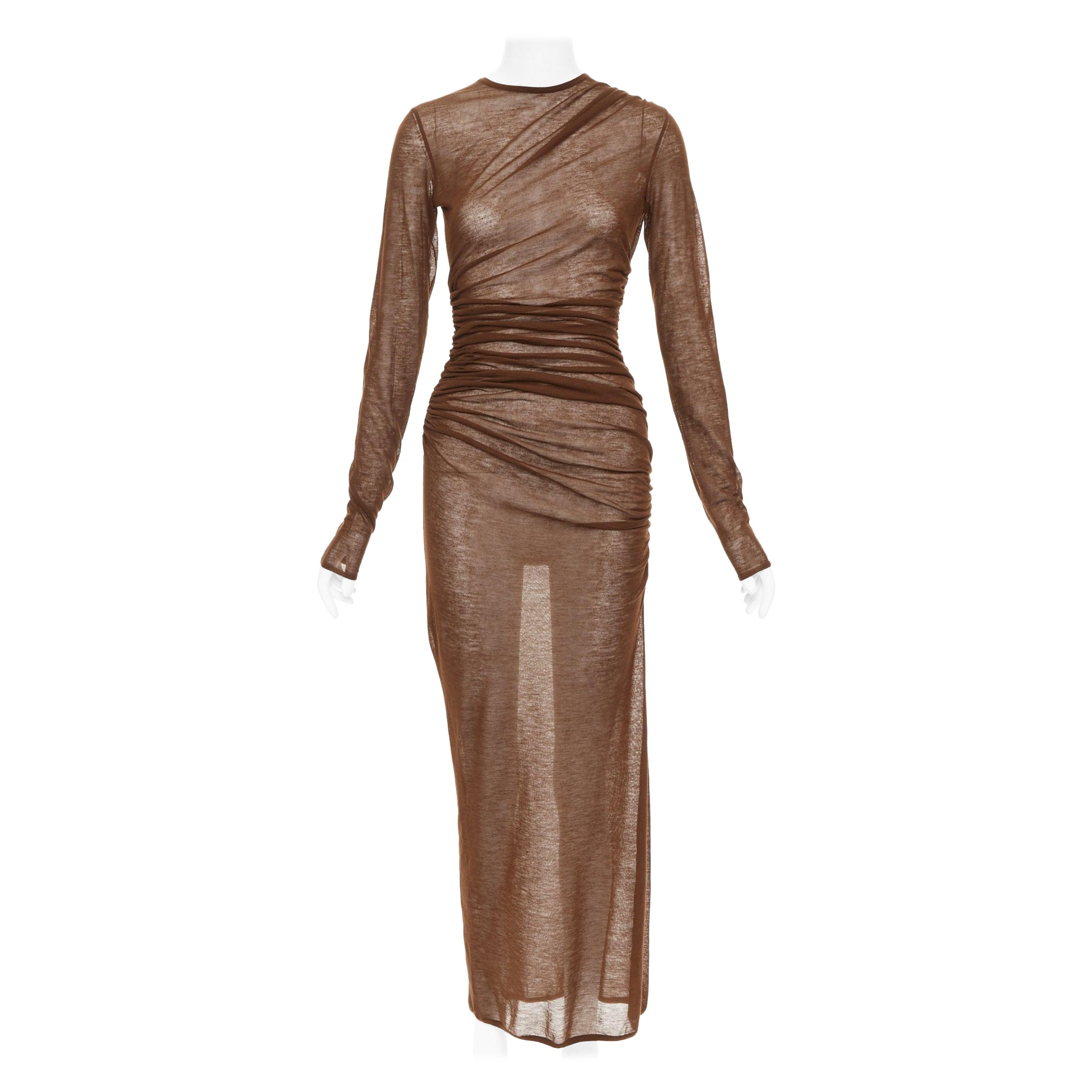 SAINT LAURENT 2023 marron brown sheer wool blend knit side ruched midi dress S