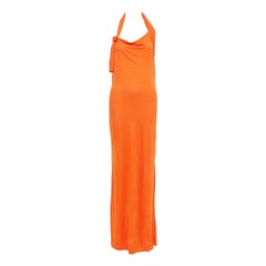 SAINT LAURENT 2023 orange asymmetric knot halter draped backless gown FR38 M