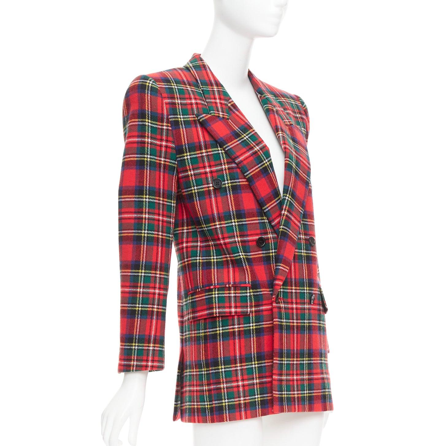 Brown SAINT LAURENT 2023 red scotland plaid wool blend power blazer FR34 XS For Sale