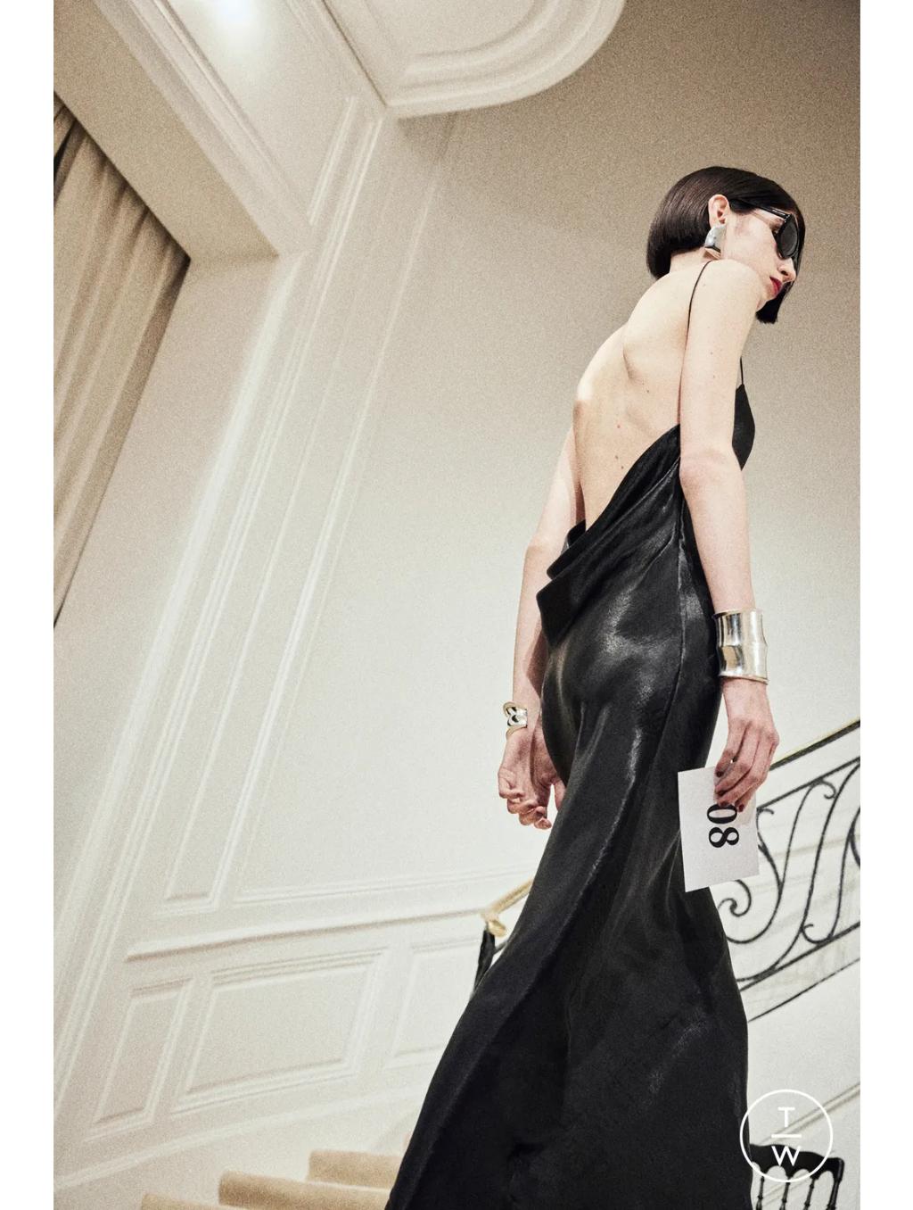 SAINT LAURENT 2023 Runway black iridescent satin plunge cowl back