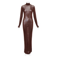 SAINT LAURENT 2023 Runway chocolate brown mock neck sheer knit maxi dress XS